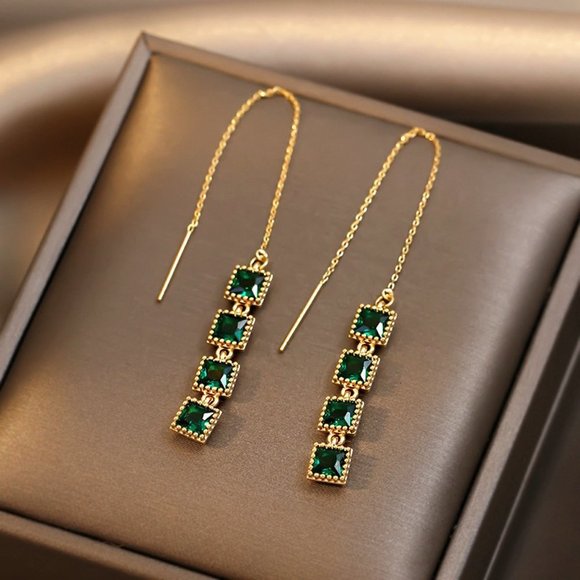 đ 18K Yellow Gold Plating Emerald Dangle Earrings For Women, HA4520 - Picture 6 of 6
